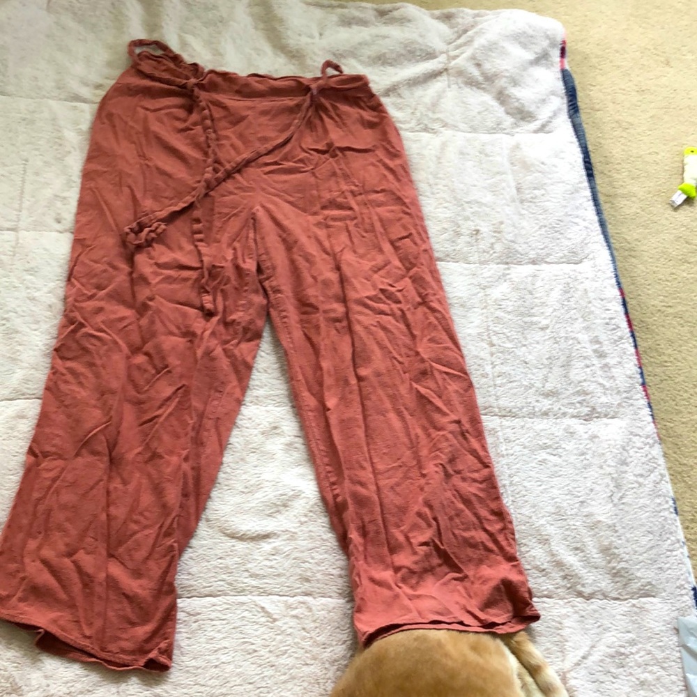 Pink coral paper bag pants. Loose and comfy but very cute